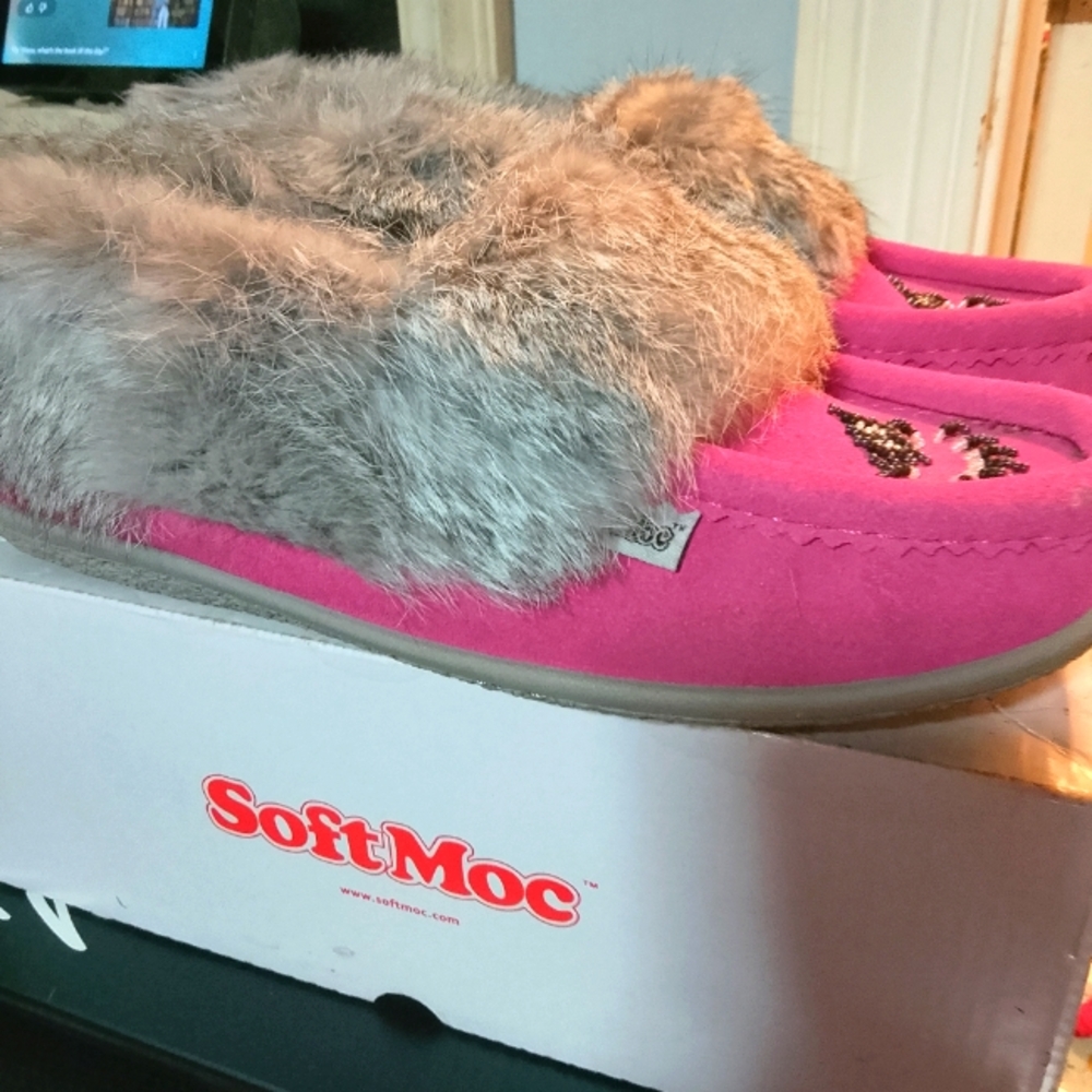 SoftMoc Pink and Gray Fur Slippers